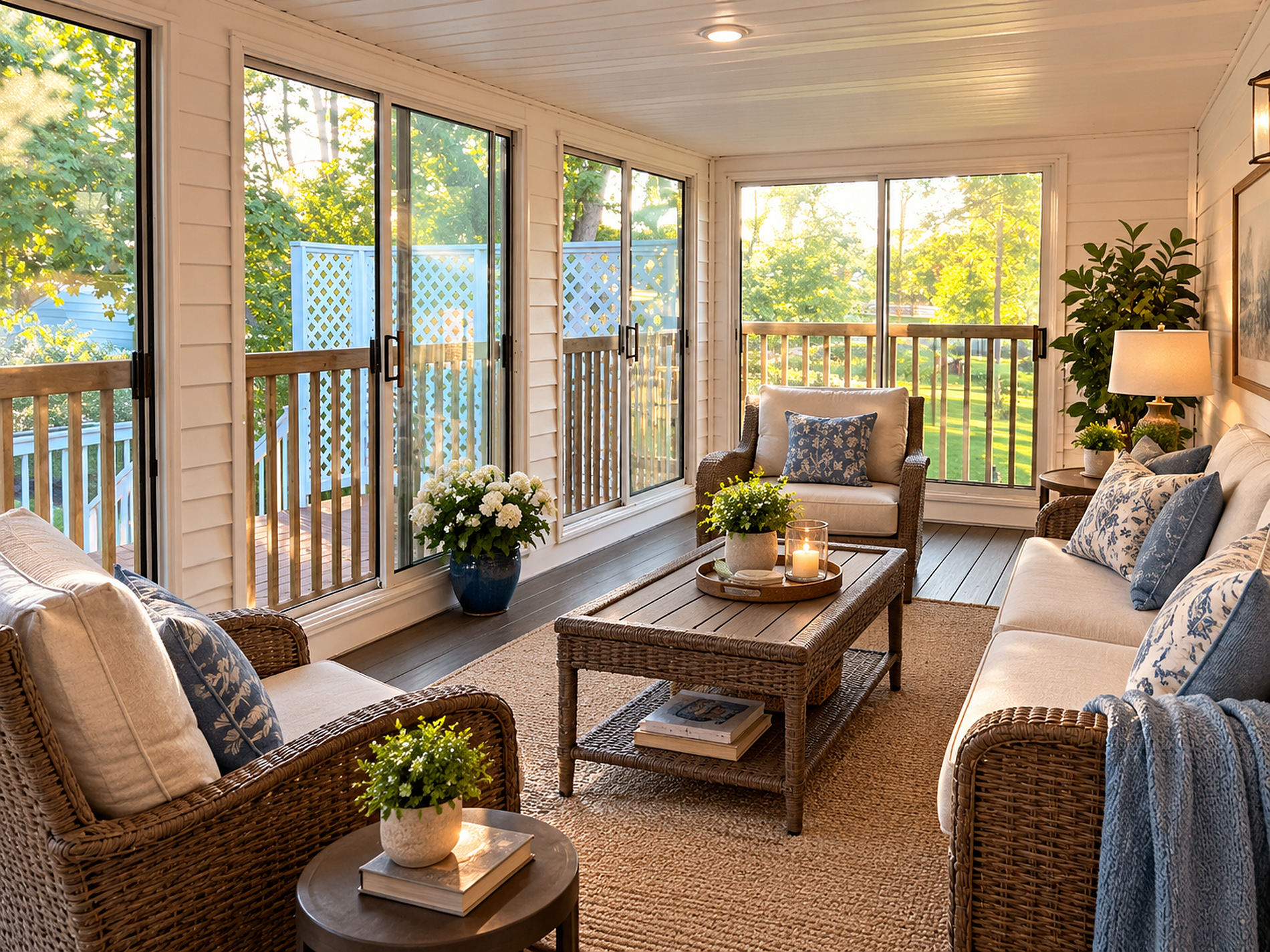 The screened sun porch at Aria House looking onto the garden