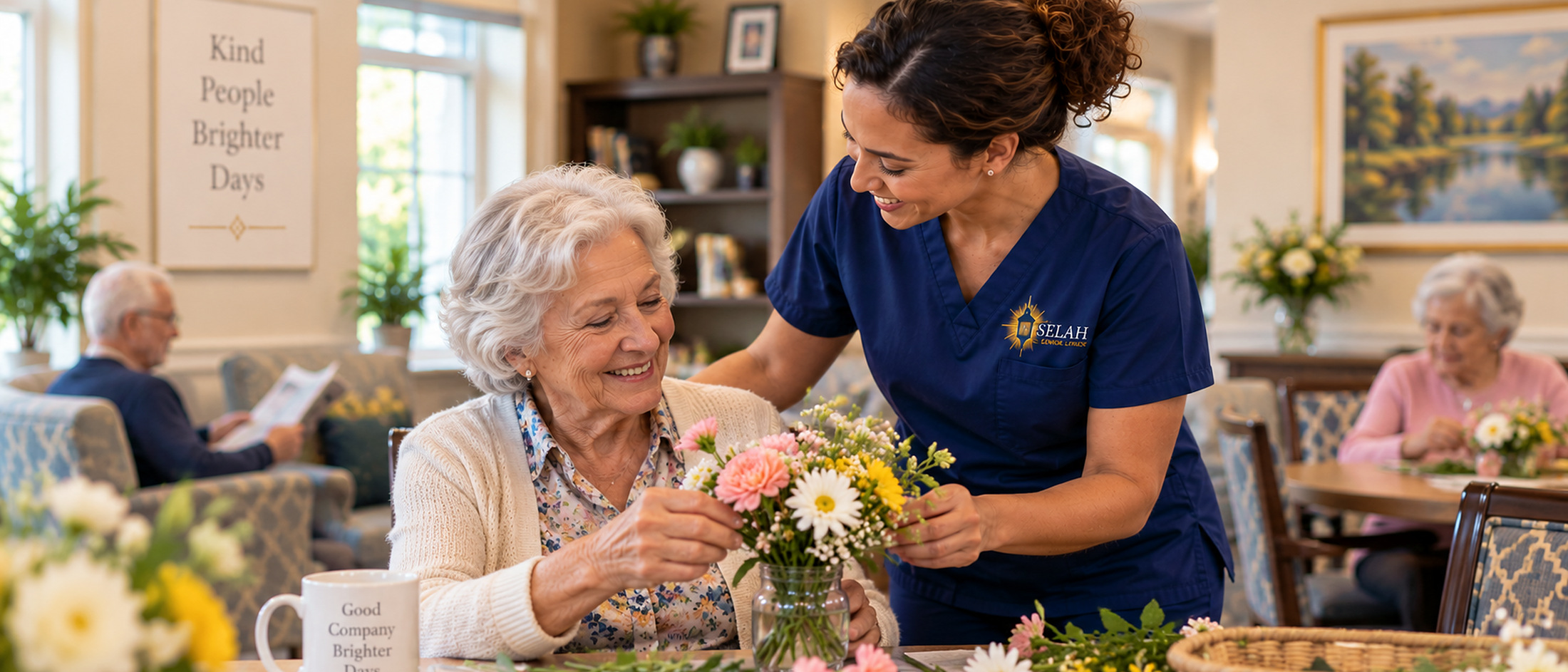 A resident arranging flowers with a Selah caregiver