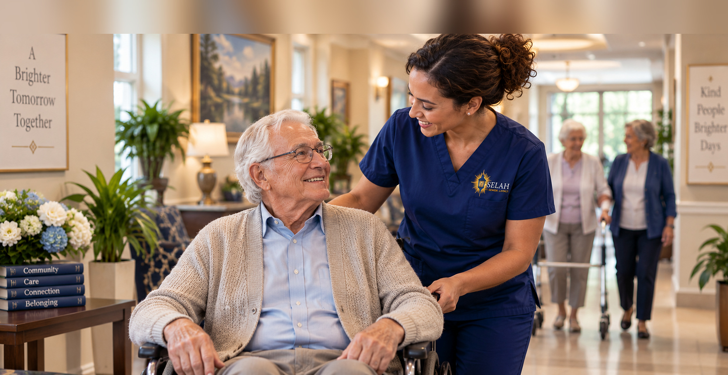 A Selah caregiver walking with a resident